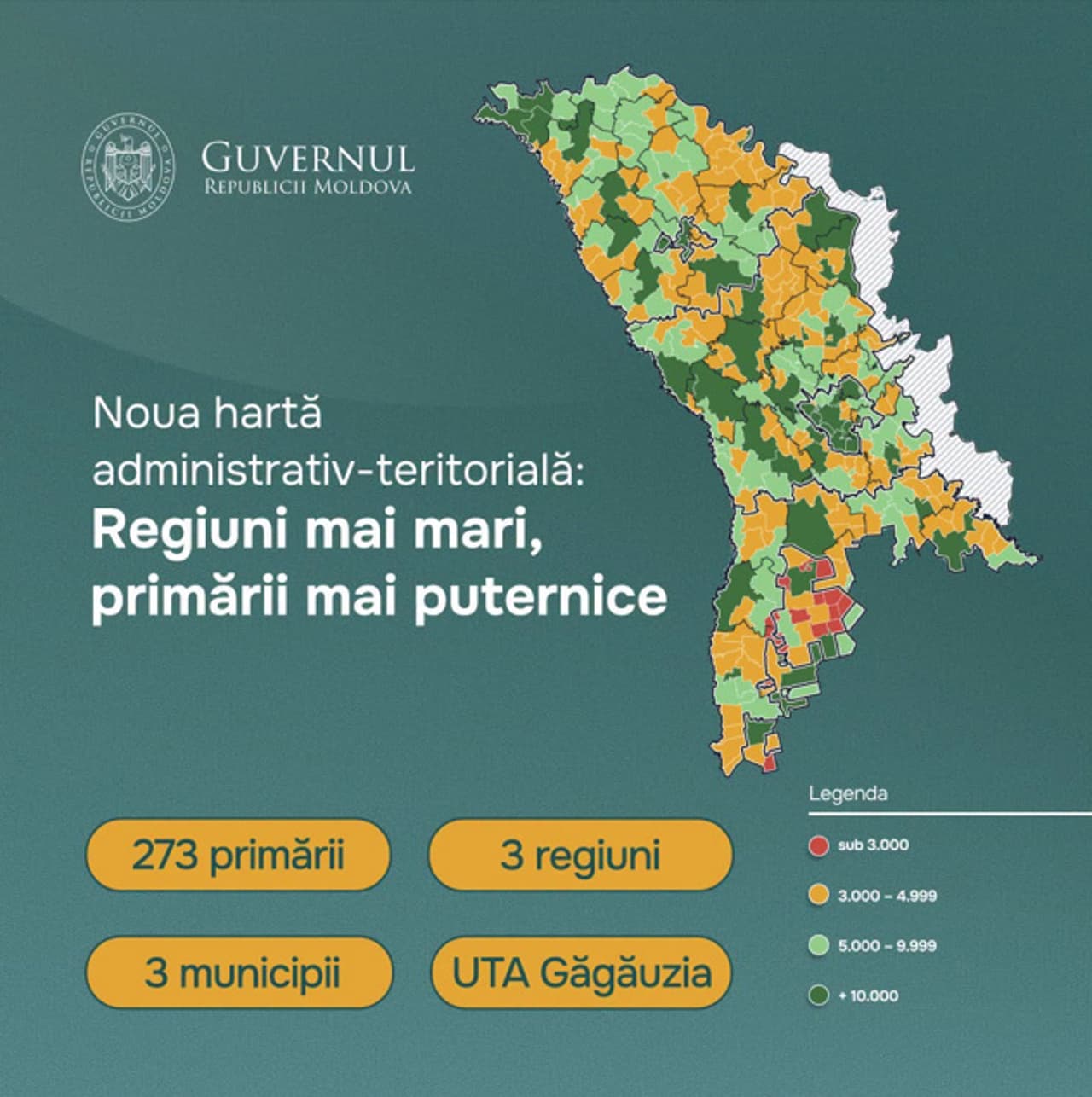 Grafic: noua hartă administrativ-teritorială, cu 273 de primării, trei regiuni, trei municipii și UTA Găgăuzia