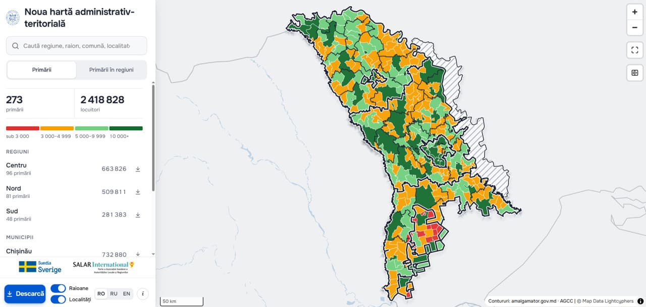 Captură de ecran a hărții interactive primariiputernice.gov.md